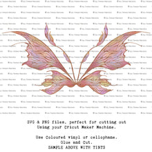 Load image into Gallery viewer, SVG &amp; PNG Fairy Wing files for Cricut or Silhouette Cameo Cutting Machine. To create wearable fairy wings, in adult or children sizes.  Use this clipart design for Halloween Costumes, Fantasy or Cosplay or photography. Or use as ephemera in weddings, engagements or baby shower invitations. These are Individual wing parts, for you to cut and assemble. This is a digital product. 
