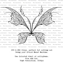 Load image into Gallery viewer, SVG &amp; PNG Fairy Wing files for Cricut or Silhouette Cameo Cutting Machine. To create wearable fairy wings, in adult or children sizes.  Use this clipart design for Halloween Costumes, Fantasy or Cosplay or photography. Or use as ephemera in weddings, engagements or baby shower invitations. These are Individual wing parts, for you to cut and assemble. This is a digital product. 
