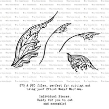 Load image into Gallery viewer, SVG &amp; PNG Fairy Wing files for Cricut or Silhouette Cameo Cutting Machine. To create wearable fairy wings, in adult or children sizes.  Use this clipart design for Halloween Costumes, Fantasy or Cosplay or photography. Or use as ephemera in weddings, engagements or baby shower invitations. These are Individual wing parts, for you to cut and assemble. This is a digital product. 
