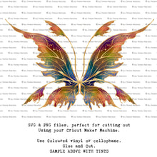 Load image into Gallery viewer, SVG &amp; PNG Fairy Wing files for Cricut or Silhouette Cameo Cutting Machine. To create wearable fairy wings, in adult or children sizes.  Use this clipart design for Halloween Costumes, Fantasy or Cosplay or photography. Or use as ephemera in weddings, engagements or baby shower invitations. These are Individual wing parts, for you to cut and assemble. This is a digital product. 
