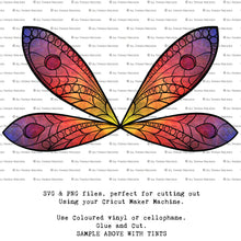 Load image into Gallery viewer, SVG &amp; PNG Fairy Wing files for Cricut or Silhouette Cameo Cutting Machine. To create wearable fairy wings, in adult or children sizes. Graphic design for Halloween Costumes, Fantasy or Cosplay or photography. Print for weddings, engagements, baby shower invitations. DIY Printable. Fairycore, Cottagecore.
