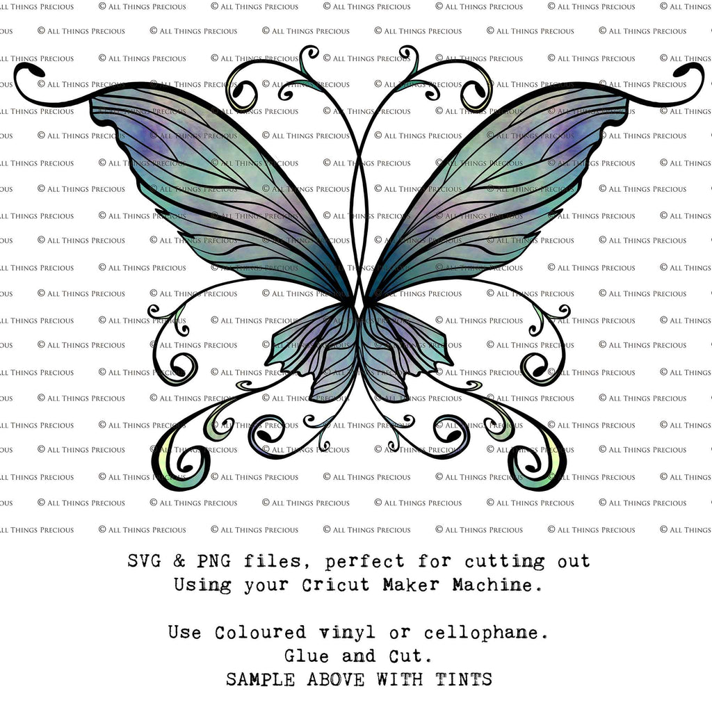 SVG & PNG Fairy Wing files for Cricut or Silhouette Cameo Cutting Machine. Create wearable fairy wings, in adult or children sizes.  Clipart design for Halloween Costumes, Fantasy or Cosplay or photography. Printable for weddings, engagement, baby shower invitations. Individual wing parts. Cut and assemble. Fairycore.