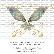 Load image into Gallery viewer, SVG &amp; PNG Fairy Wing files for Cricut or Silhouette Cameo Cutting Machine. Create wearable fairy wings, in adult or children sizes.  Clipart design for Halloween Costumes, Fantasy or Cosplay or photography. Printable for weddings, engagement, baby shower invitations. Individual wing parts. Cut and assemble. Fairycore.
