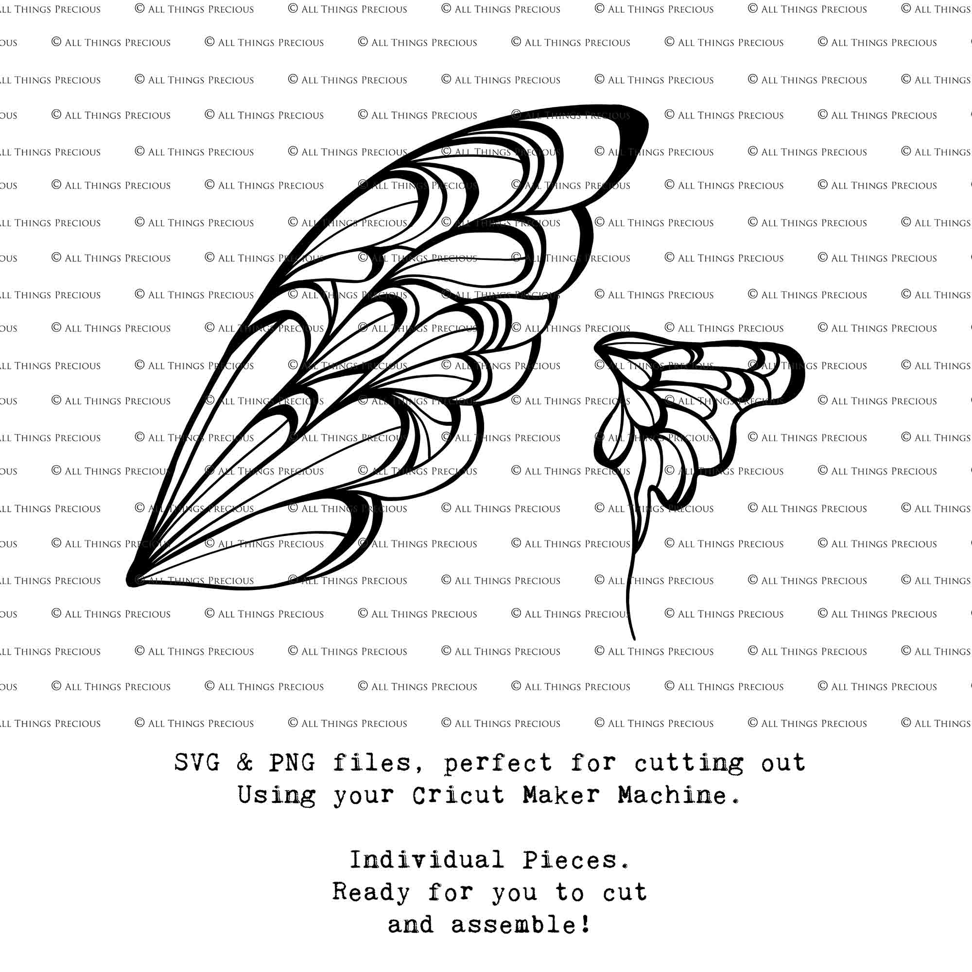 SVG & PNG Fairy Wing files for Cricut or Silhouette Cameo Cutting Machine. Create wearable fairy wings, in adult or children sizes.  Clipart design for Halloween Costumes, Fantasy or Cosplay or photography. Printable for weddings, engagement, baby shower invitations. Individual wing parts. Cut and assemble. Fairycore.
