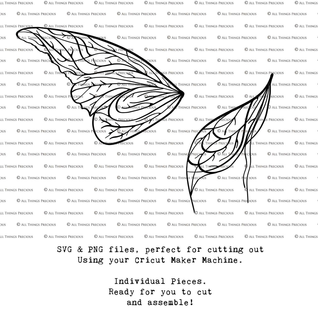 SVG & PNG Fairy Wing files for Cricut or Silhouette Cameo Cutting Machine. Create wearable fairy wings, in adult or children sizes.  Clipart design for Halloween Costumes, Fantasy or Cosplay or photography. Printable for weddings, engagement, baby shower invitations. Individual wing parts. Cut and assemble. Fairycore.