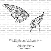 Load image into Gallery viewer, SVG &amp; PNG Fairy Wing files for Cricut or Silhouette Cameo Cutting Machine. Create wearable fairy wings, in adult or children sizes.  Clipart design for Halloween Costumes, Fantasy or Cosplay or photography. Printable for weddings, engagement, baby shower invitations. Individual wing parts. Cut and assemble. Fairycore.
