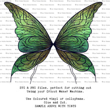 Load image into Gallery viewer, SVG &amp; PNG Fairy Wing files for Cricut or Silhouette Cameo Cutting Machine. Create wearable fairy wings, in adult or children sizes.  Clipart design for Halloween Costumes, Fantasy or Cosplay or photography. Printable for weddings, engagement, baby shower invitations. Individual wing parts. Cut and assemble. Fairycore.
