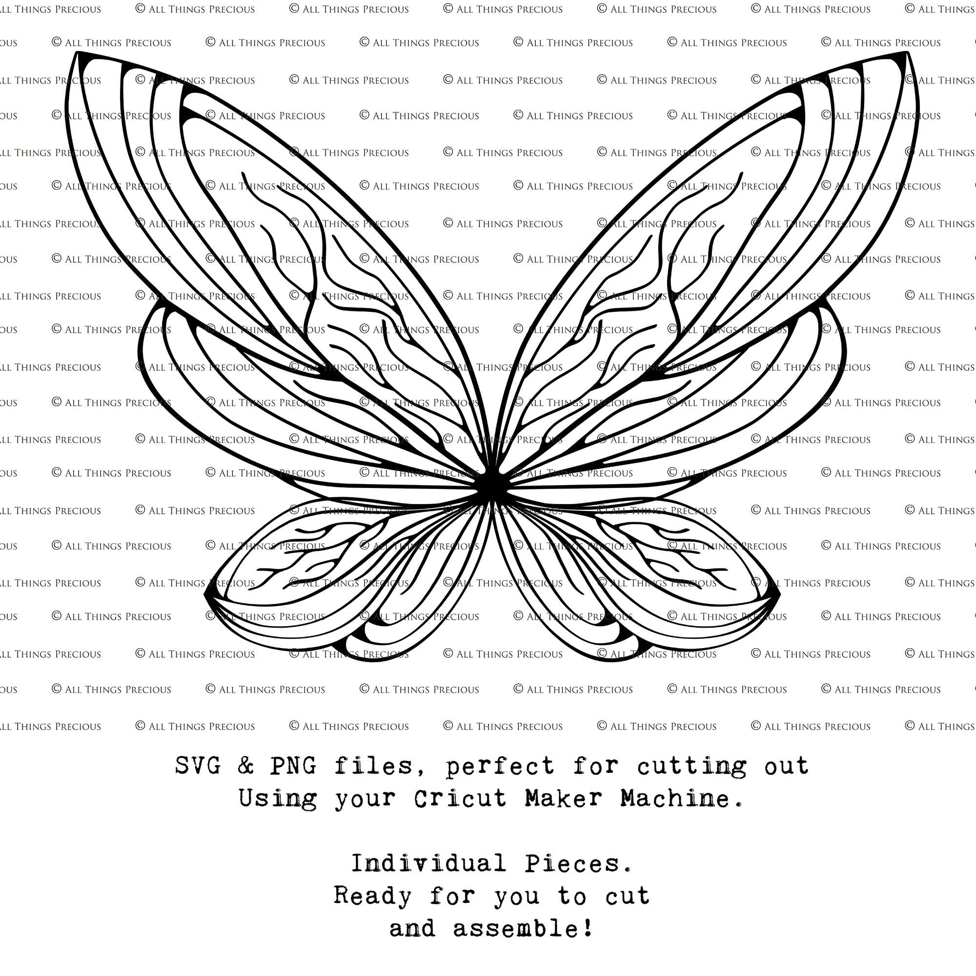 SVG & PNG Fairy Wing files for Cricut or Silhouette Cameo Cutting Machine. Create wearable fairy wings, in adult or children sizes.  Clipart design for Halloween Costumes, Fantasy or Cosplay or photography. Printable for weddings, engagement, baby shower invitations. Individual wing parts. Cut and assemble. Fairycore.
