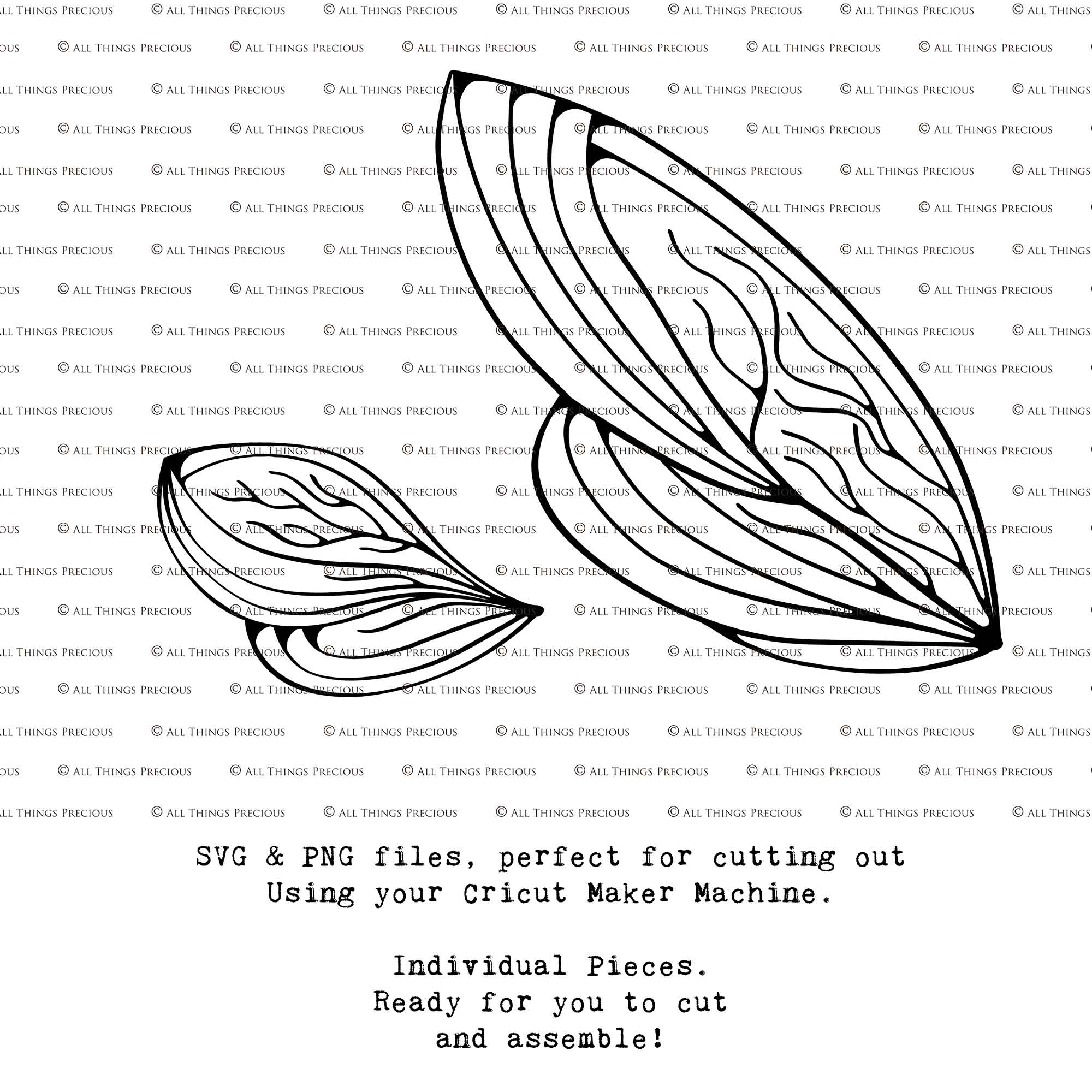 SVG & PNG Fairy Wing files for Cricut or Silhouette Cameo Cutting Machine. Create wearable fairy wings, in adult or children sizes.  Clipart design for Halloween Costumes, Fantasy or Cosplay or photography. Printable for weddings, engagement, baby shower invitations. Individual wing parts. Cut and assemble. Fairycore.