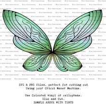 Load image into Gallery viewer, SVG &amp; PNG Fairy Wing files for Cricut or Silhouette Cameo Cutting Machine. Create wearable fairy wings, in adult or children sizes.  Clipart design for Halloween Costumes, Fantasy or Cosplay or photography. Printable for weddings, engagement, baby shower invitations. Individual wing parts. Cut and assemble. Fairycore.
