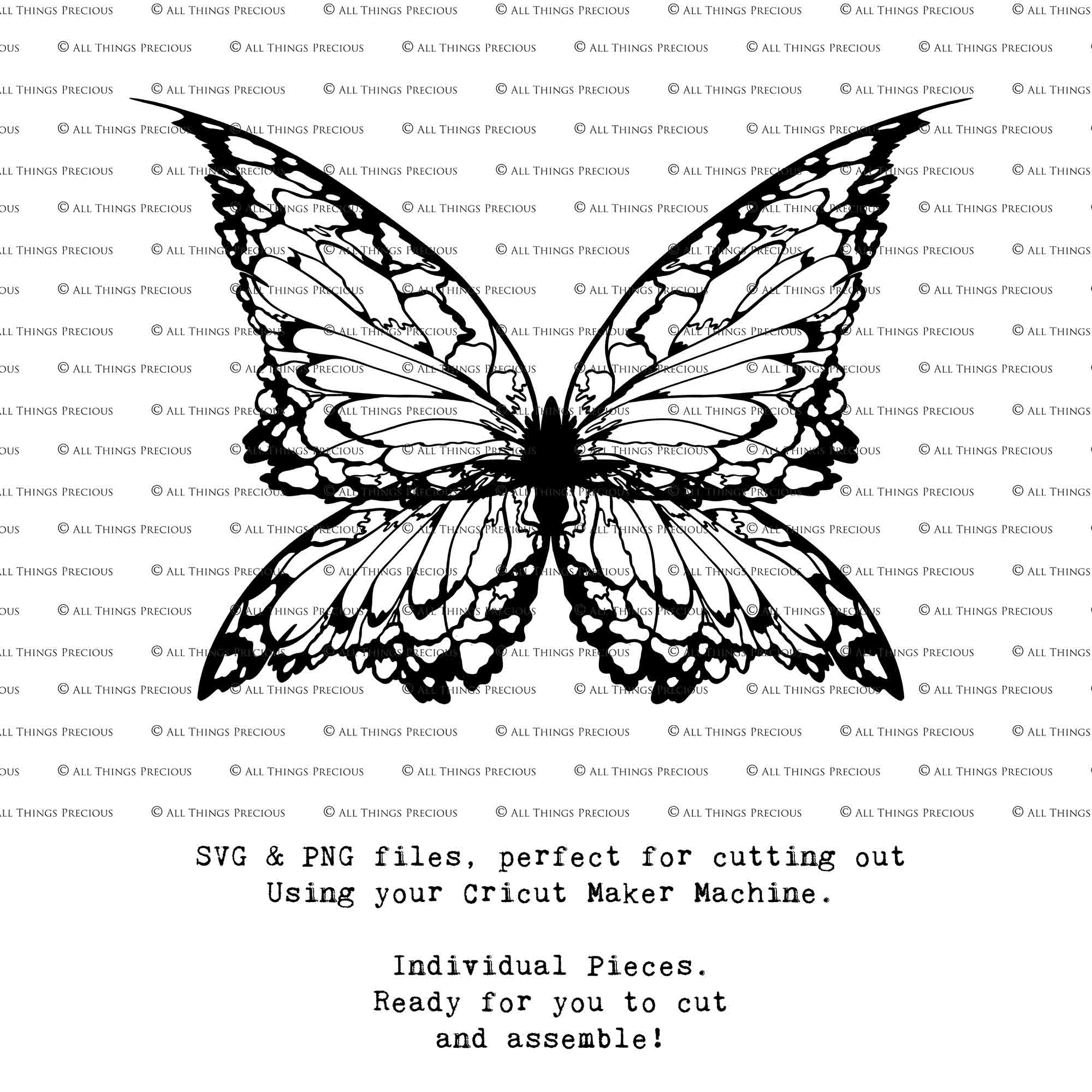 SVG & PNG Fairy Wing files for Cricut or Silhouette Cameo Cutting Machine. Create wearable fairy wings, in adult or children sizes.  Clipart design for Halloween Costumes, Fantasy or Cosplay or photography. Printable for weddings, engagement, baby shower invitations. Individual wing parts. Cut and assemble. Fairycore.