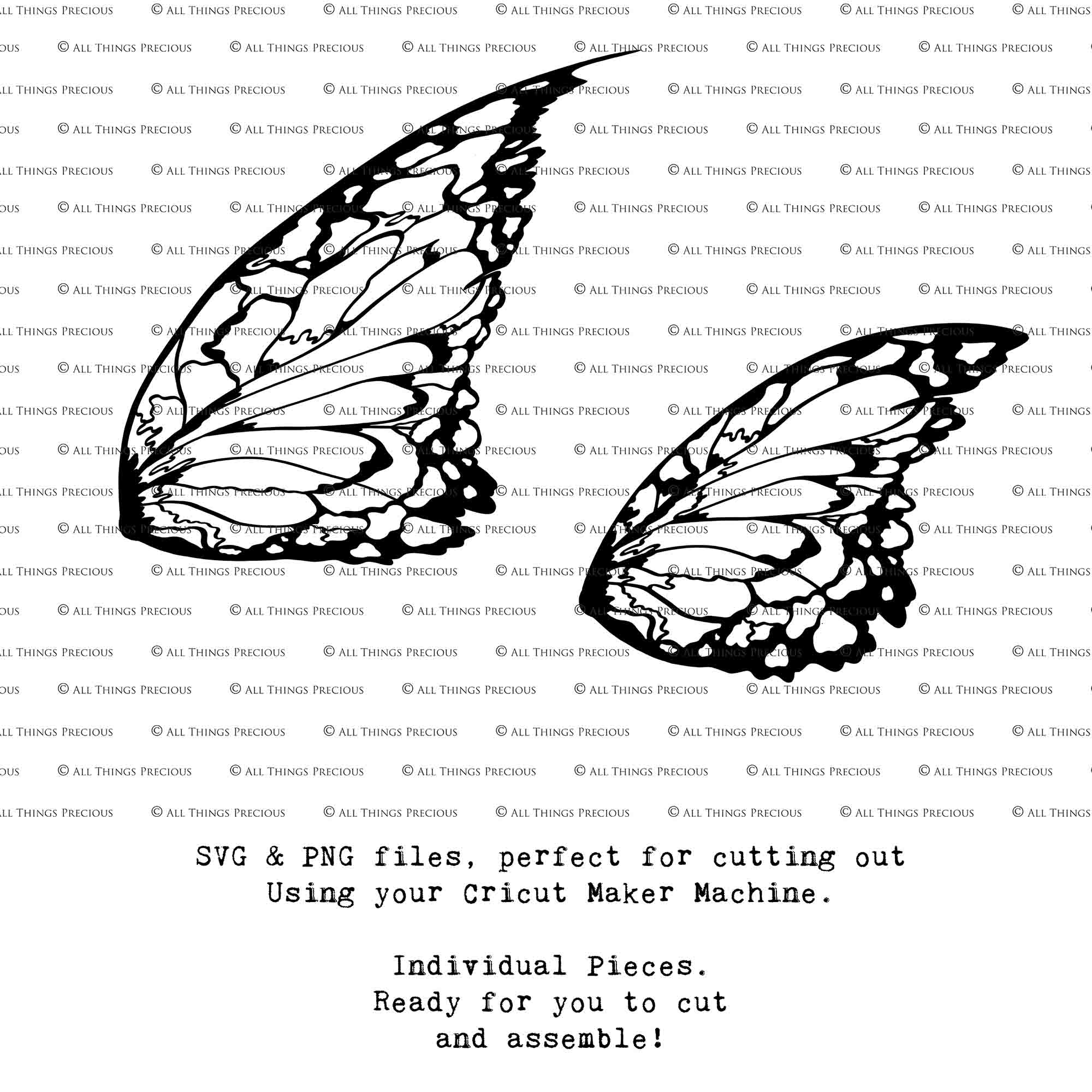 SVG & PNG Fairy Wing files for Cricut or Silhouette Cameo Cutting Machine. Create wearable fairy wings, in adult or children sizes.  Clipart design for Halloween Costumes, Fantasy or Cosplay or photography. Printable for weddings, engagement, baby shower invitations. Individual wing parts. Cut and assemble. Fairycore.