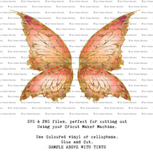 Load image into Gallery viewer, SVG &amp; PNG Fairy Wing files for Cricut or Silhouette Cameo Cutting Machine. Create wearable fairy wings, in adult or children sizes.  Clipart design for Halloween Costumes, Fantasy or Cosplay or photography. Printable for weddings, engagement, baby shower invitations. Individual wing parts. Cut and assemble. Fairycore.
