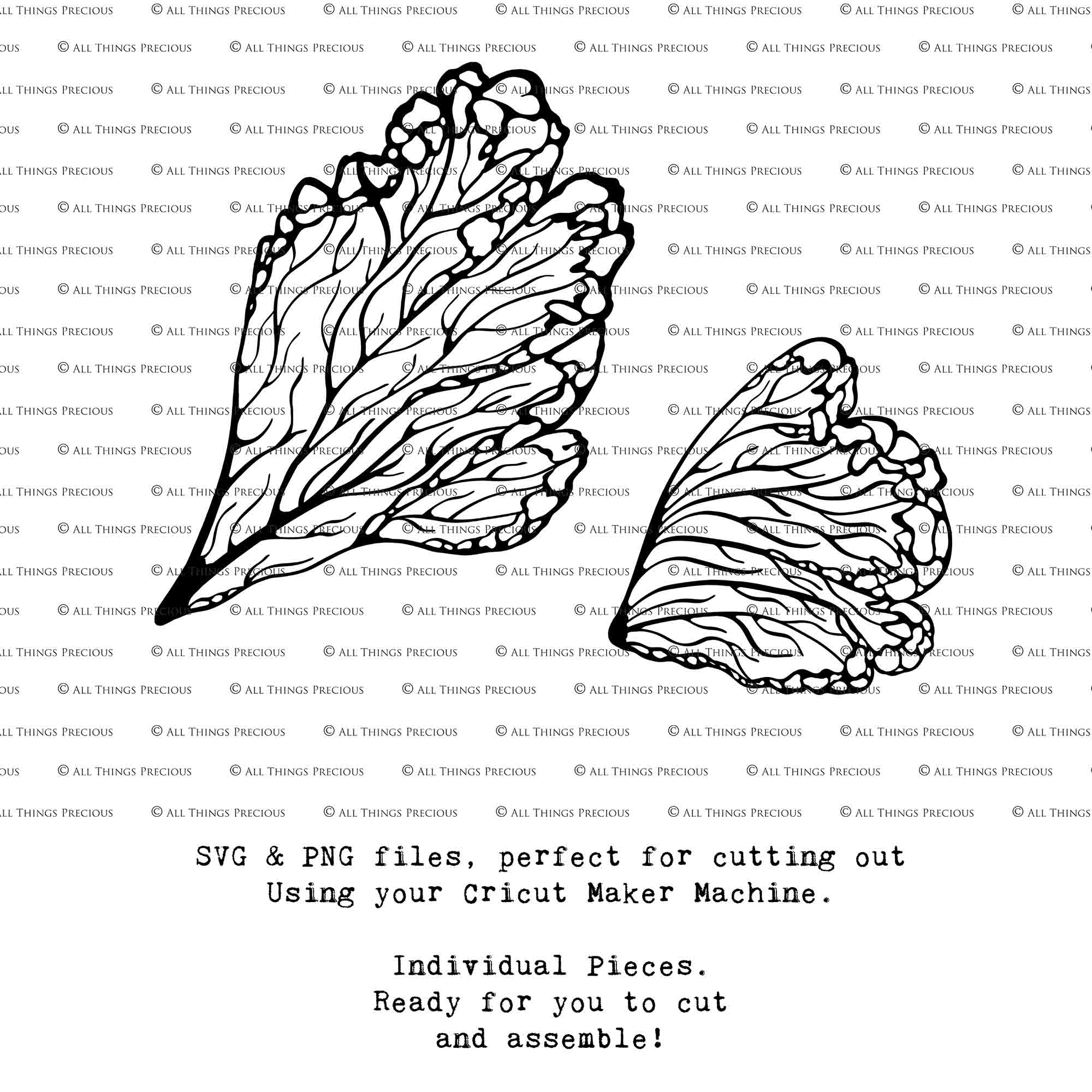 SVG & PNG Fairy Wing files for Cricut or Silhouette Cameo Cutting Machine. Create wearable fairy wings, in adult or children sizes.  Clipart design for Halloween Costumes, Fantasy or Cosplay or photography. Printable for weddings, engagement, baby shower invitations. Individual wing parts. Cut and assemble. Fairycore.