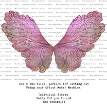 Load image into Gallery viewer, SVG &amp; PNG Fairy Wing files for Cricut or Silhouette Cameo Cutting Machine. Create wearable fairy wings, in adult or children sizes.  Clipart design for Halloween Costumes, Fantasy or Cosplay or photography. Printable for weddings, engagement, baby shower invitations. Individual wing parts. Cut and assemble. Fairycore.
