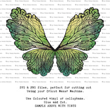 Load image into Gallery viewer, SVG &amp; PNG Fairy Wing files for Cricut or Silhouette Cameo Cutting Machine. Create wearable fairy wings, in adult or children sizes.  Clipart design for Halloween Costumes, Fantasy or Cosplay or photography. Printable for weddings, engagement, baby shower invitations. Individual wing parts. Cut and assemble. Fairycore.
