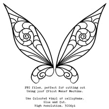 Load image into Gallery viewer, SVG &amp; PNG Fairy Wing files for Cricut or Silhouette Cameo Cutting Machine. To create wearable fairy wings, in adult or children sizes.  Use this clipart design for Halloween Costumes, Fantasy or Cosplay or photography. These are Individual Wing Pieces, for you to cut and assemble. This is a digital product.  Tinkerbell wings,
