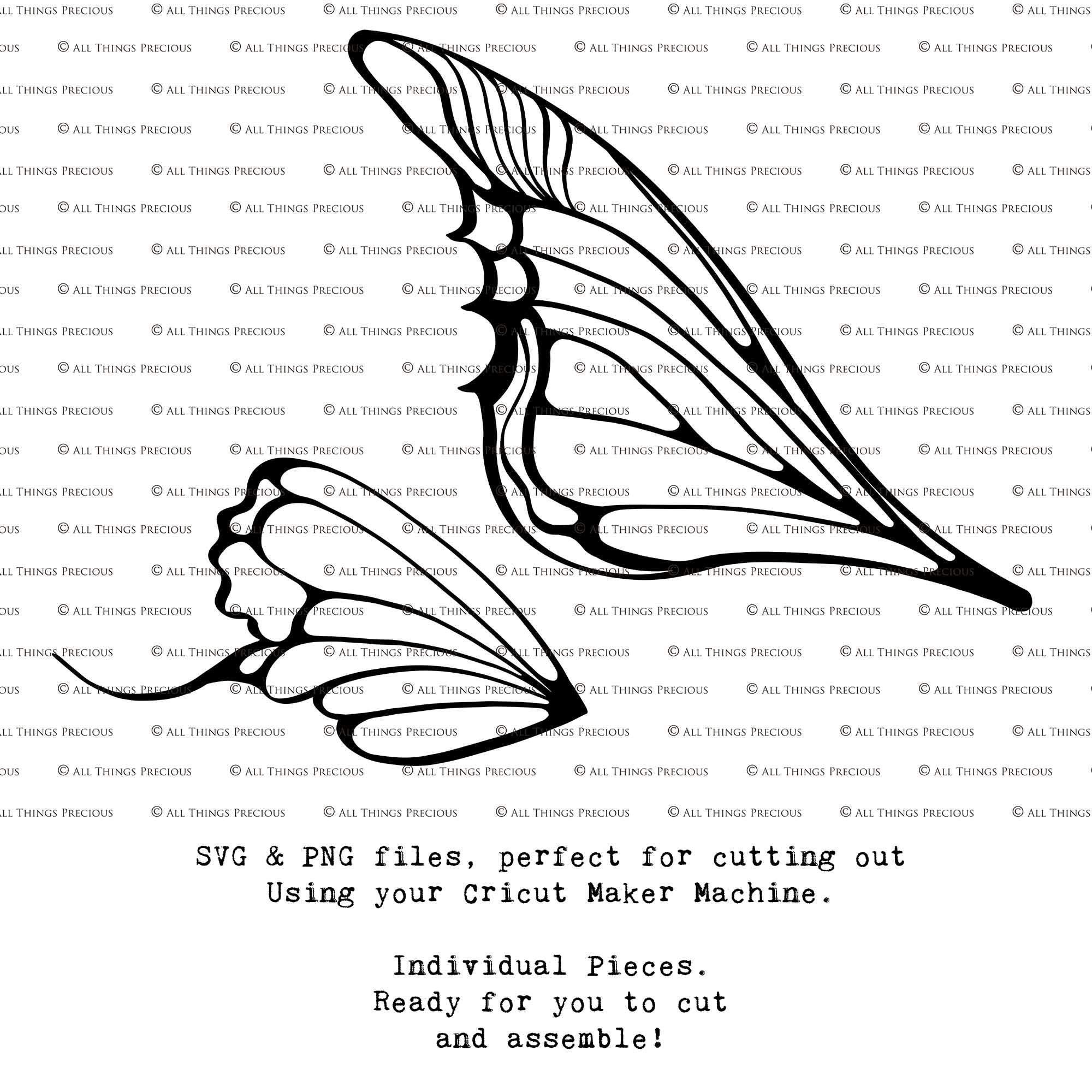 SVG & PNG Fairy/Angel Wing files for Cricut, Silhouette Cameo and other Cutting Machines. Create wearable fairy wings, all sizes. Perfect for Halloween Costumes, Fantasy, Cosplay, Photography. Prints, Wedding, Engagement, Baby Shower invitations, Sublimation Printing, Clip Art and more. Cut and assemble. ATP Textures.