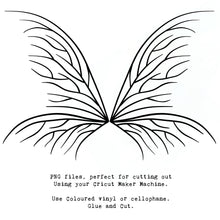 Load image into Gallery viewer, SVG &amp; PNG Fairy Wing files for Cricut or Silhouette Cameo Cutting Machine. To create wearable fairy wings, in adult or children sizes.  Use this clipart design for Halloween Costumes, Fantasy or Cosplay or photography. These are Individual Wing Pieces, for you to cut and assemble. This is a digital product. 
