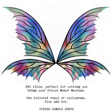 Load image into Gallery viewer, SVG &amp; PNG Fairy Wing files for Cricut or Silhouette Cameo Cutting Machine. To create wearable fairy wings, in adult or children sizes.  Use this clipart design for Halloween Costumes, Fantasy or Cosplay or photography. These are Individual Wing Pieces, for you to cut and assemble. This is a digital product. 
