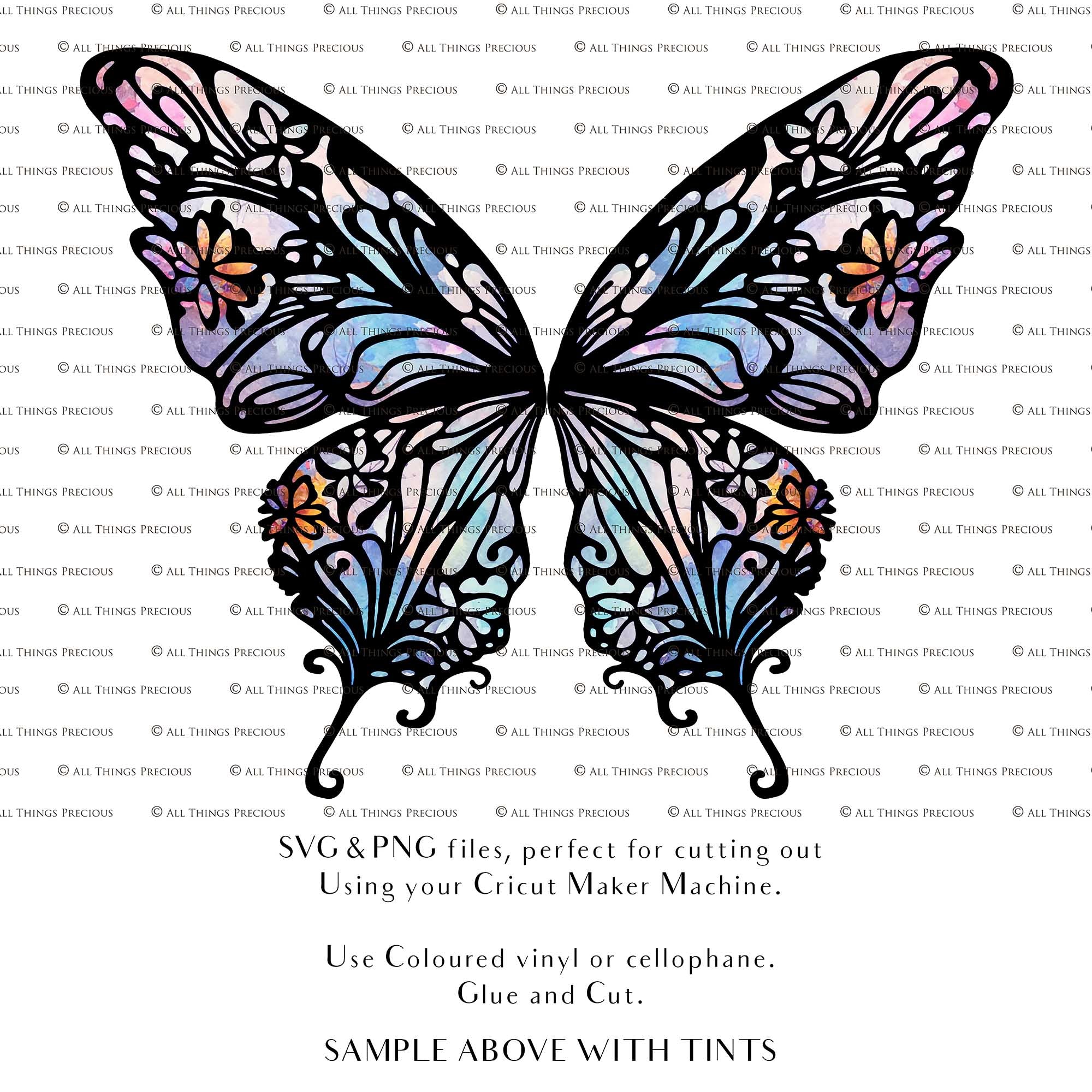SVG & PNG Fairy/Angel Wing files for Cricut, Silhouette Cameo and other Cutting Machines. Create wearable fairy wings, all sizes. Perfect for Halloween Costumes, Fantasy, Cosplay, Photography. Prints, Wedding, Engagement, Baby Shower invitations, Sublimation Printing, Clip Art and more. Cut and assemble. ATP Textures.