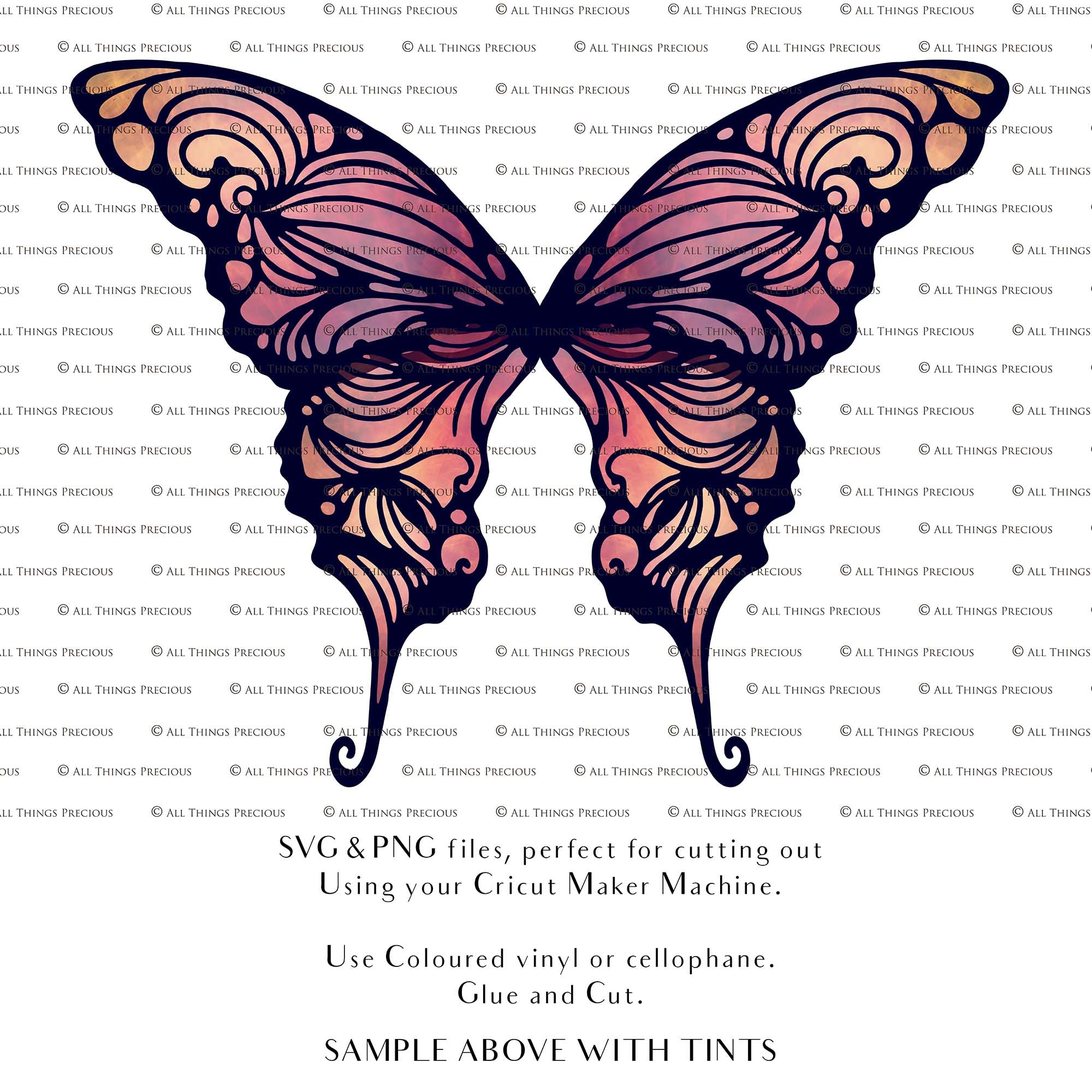SVG & PNG Fairy/Angel Wing files for Cricut, Silhouette Cameo and other Cutting Machines. Create wearable fairy wings, all sizes. Perfect for Halloween Costumes, Fantasy, Cosplay, Photography. Prints, Wedding, Engagement, Baby Shower invitations, Sublimation Printing, Clip Art and more. Cut and assemble. ATP Textures.