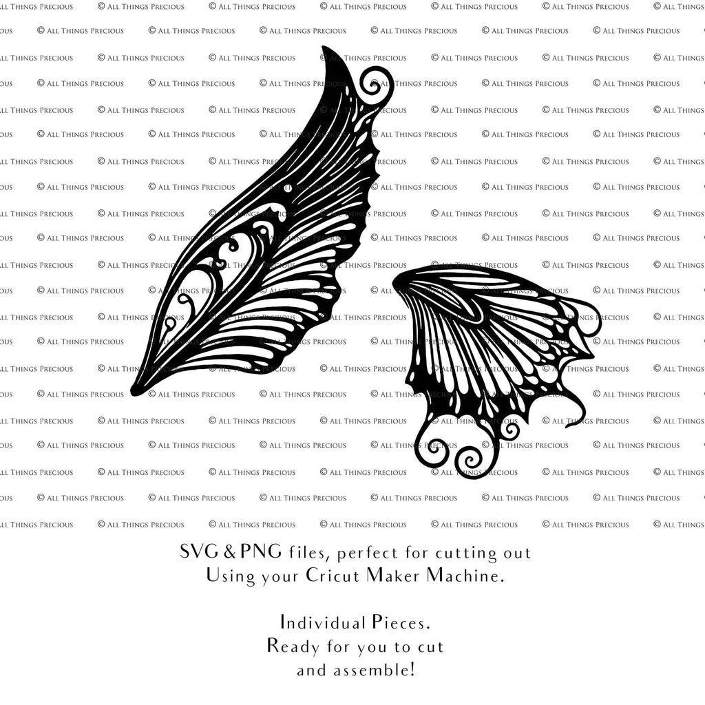 SVG & PNG Fairy/Angel Wing files for Cricut, Silhouette Cameo and other Cutting Machines. Create wearable fairy wings, all sizes. Perfect for Halloween Costumes, Fantasy, Cosplay, Photography. Prints, Wedding, Engagement, Baby Shower invitations, Sublimation Printing, Clip Art and more. Cut and assemble. ATP Textures.