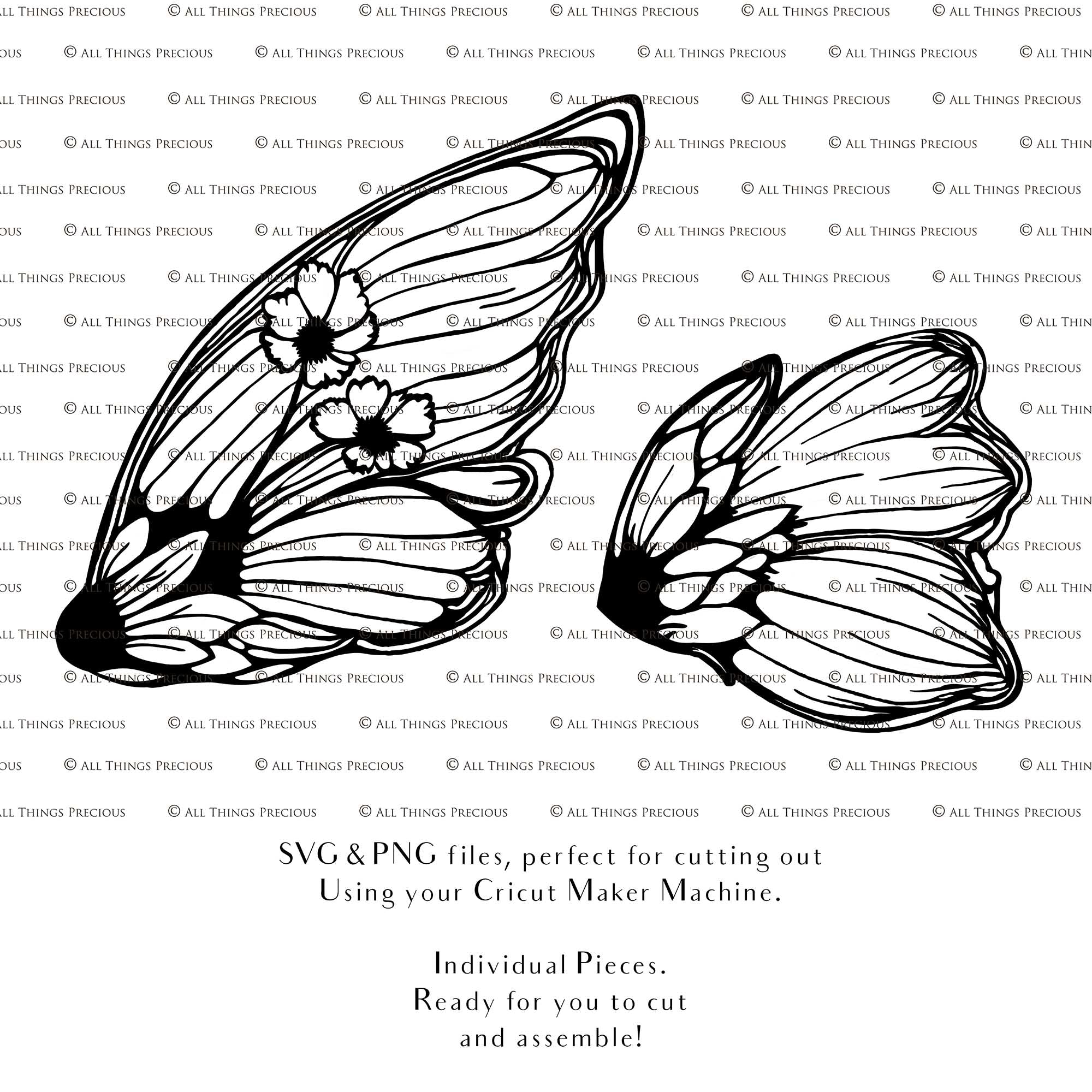 SVG & PNG Fairy/Angel Wing files for Cricut, Silhouette Cameo and other Cutting Machines. Create wearable fairy wings, all sizes. Perfect for Halloween Costumes, Fantasy, Cosplay, Photography. Prints, Wedding, Engagement, Baby Shower invitations, Sublimation Printing, Clip Art and more. Cut and assemble. ATP Textures.