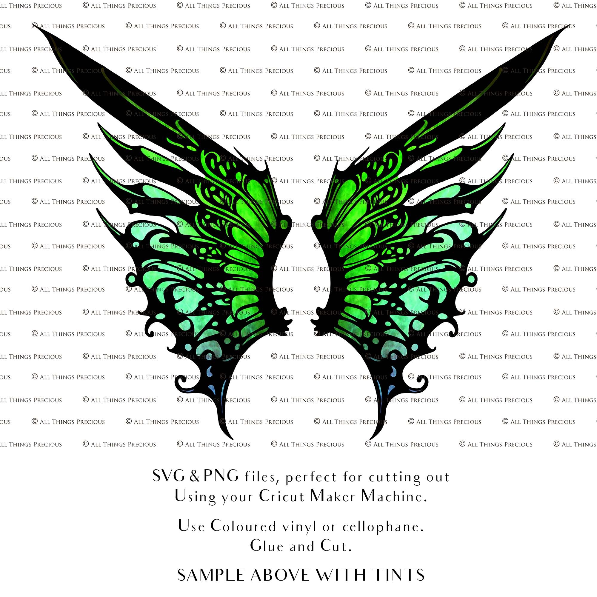 SVG & PNG Fairy/Angel Wing files for Cricut, Silhouette Cameo and other Cutting Machines. Create wearable fairy wings, all sizes. Perfect for Halloween Costumes, Fantasy, Cosplay, Photography. Prints, Wedding, Engagement, Baby Shower invitations, Sublimation Printing, Clip Art and more. Cut and assemble. ATP Textures.