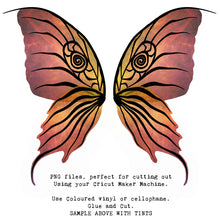 Load image into Gallery viewer, SVG &amp; PNG Fairy Wing files for Cricut or Silhouette Cameo Cutting Machine. To create wearable fairy wings, in adult or children sizes.  Use this clipart design for Halloween Costumes, Fantasy or Cosplay or photography. These are Individual Wing Pieces, for you to cut and assemble. This is a digital product. 
