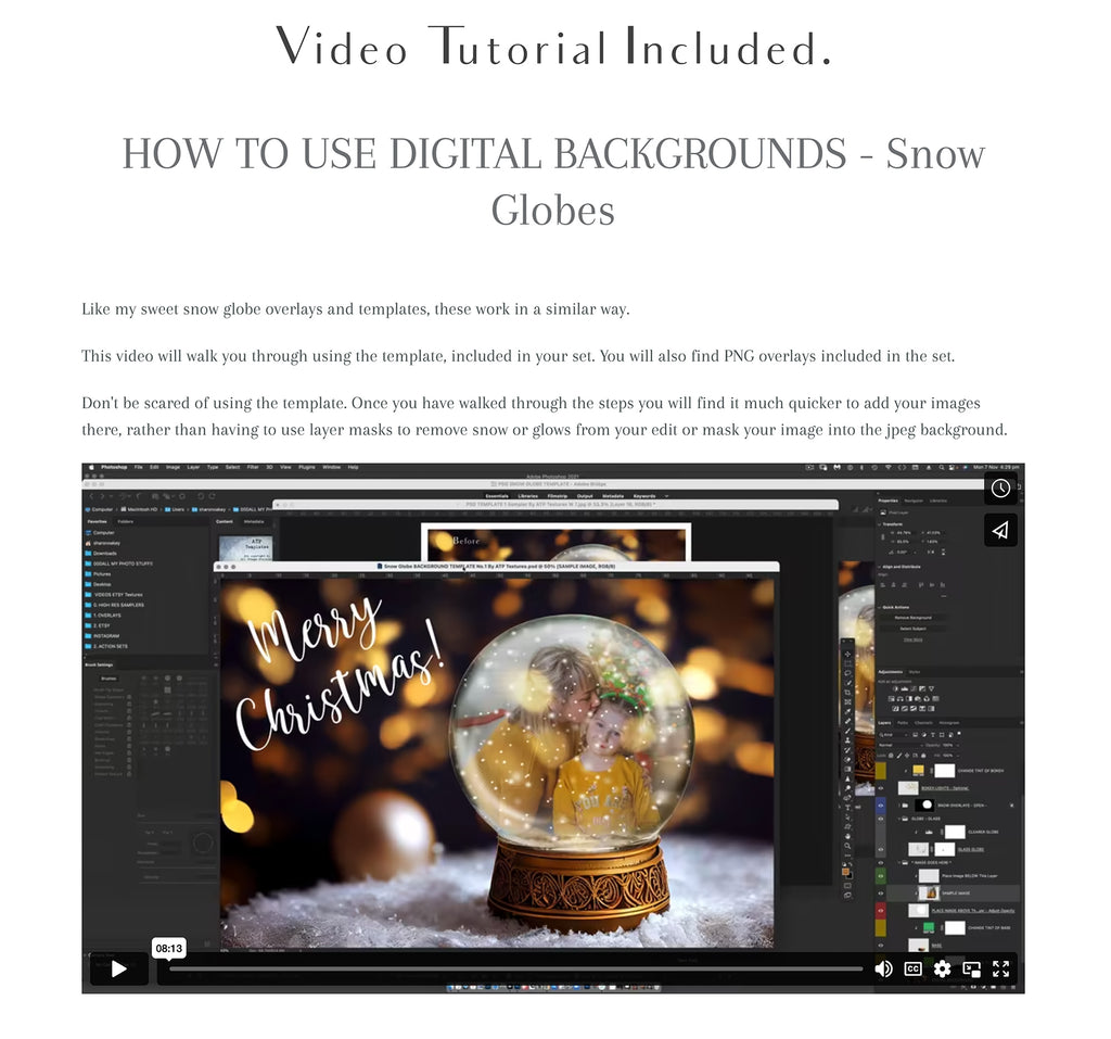 Digital background, Christmas Snow Globe Template for photoshop.  Includes jpeg background, png overlay background and snow overlays.  Video tutorial is also included in this PSD photoshop template. Perfect to add your own images. For Photography.