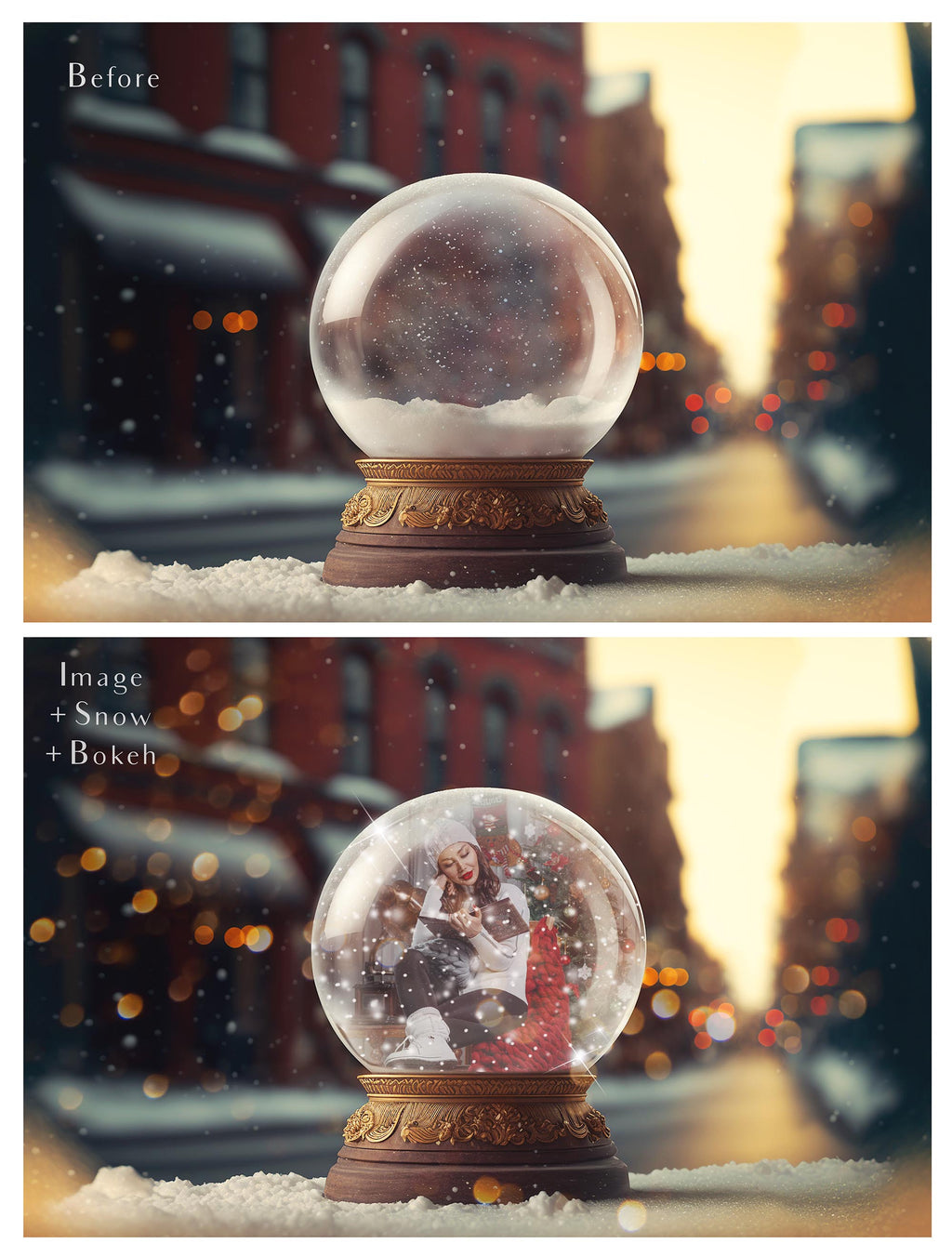 Digital background, Christmas Snow Globe Template for photoshop.  Includes jpeg background, png overlay background and snow overlays.  Video tutorial is also included in this PSD photoshop template. Perfect to add your own images. For Photography.