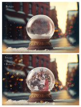 Load image into Gallery viewer, Digital background, Christmas Snow Globe Template for photoshop.  Includes jpeg background, png overlay background and snow overlays.  Video tutorial is also included in this PSD photoshop template. Perfect to add your own images. For Photography.
