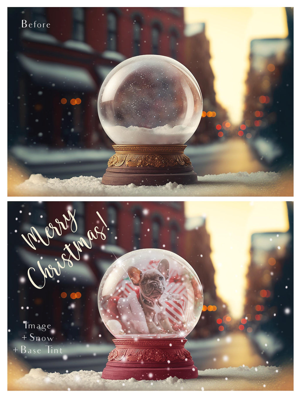 Digital background, Christmas Snow Globe Template for photoshop.  Includes jpeg background, png overlay background and snow overlays.  Video tutorial is also included in this PSD photoshop template. Perfect to add your own images. For Photography.