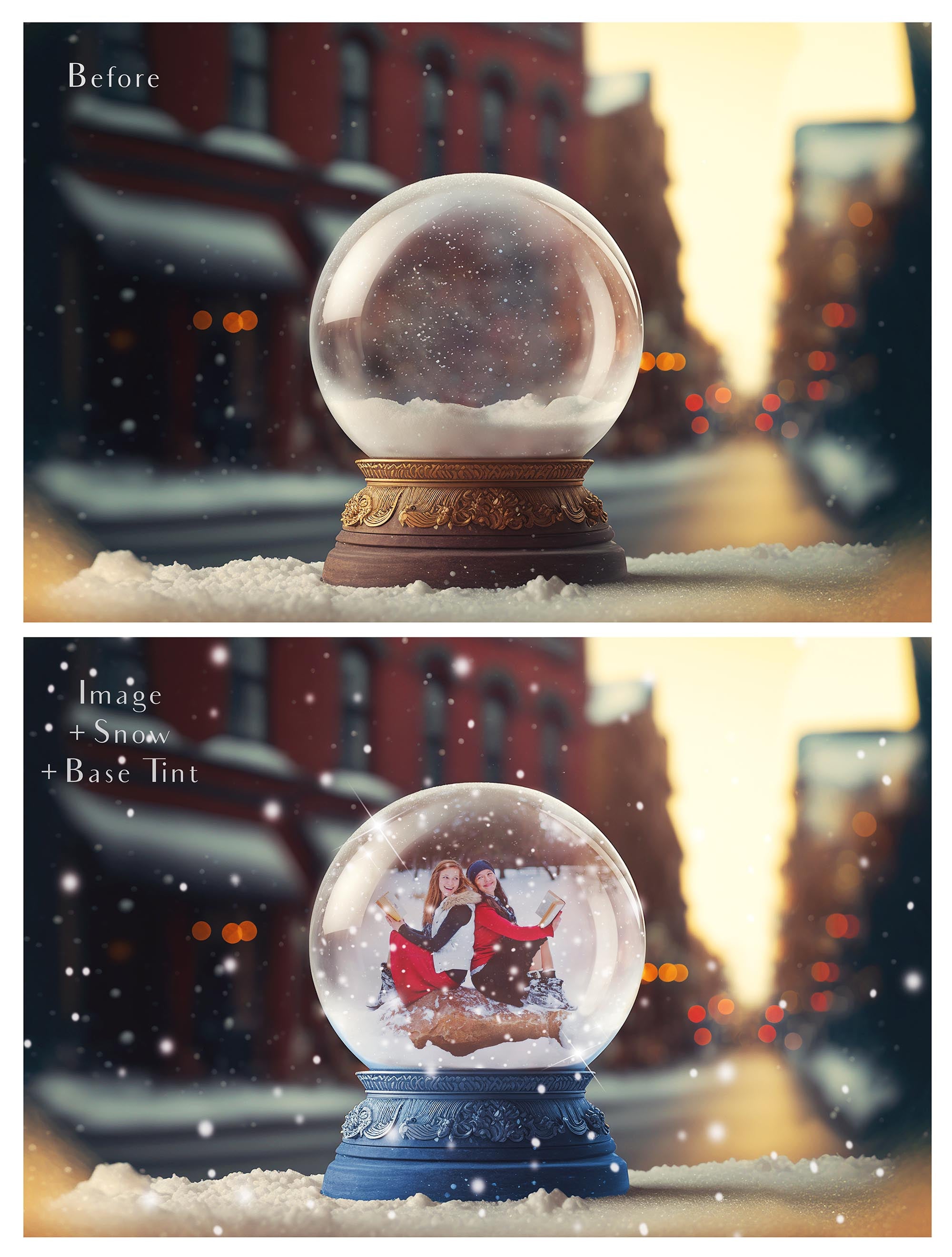 Digital background, Christmas Snow Globe Template for photoshop.  Includes jpeg background, png overlay background and snow overlays.  Video tutorial is also included in this PSD photoshop template. Perfect to add your own images. For Photography.