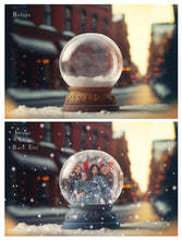 Load image into Gallery viewer, Digital background, Christmas Snow Globe Template for photoshop.  Includes jpeg background, png overlay background and snow overlays.  Video tutorial is also included in this PSD photoshop template. Perfect to add your own images. For Photography.
