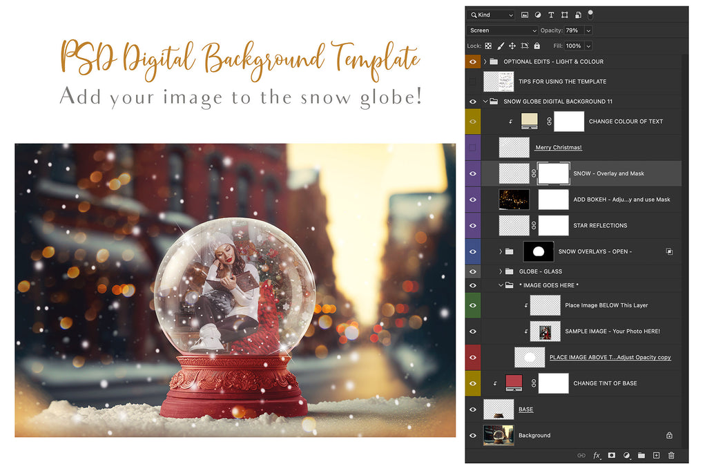 Digital background, Christmas Snow Globe Template for photoshop.  Includes jpeg background, png overlay background and snow overlays.  Video tutorial is also included in this PSD photoshop template. Perfect to add your own images. For Photography.