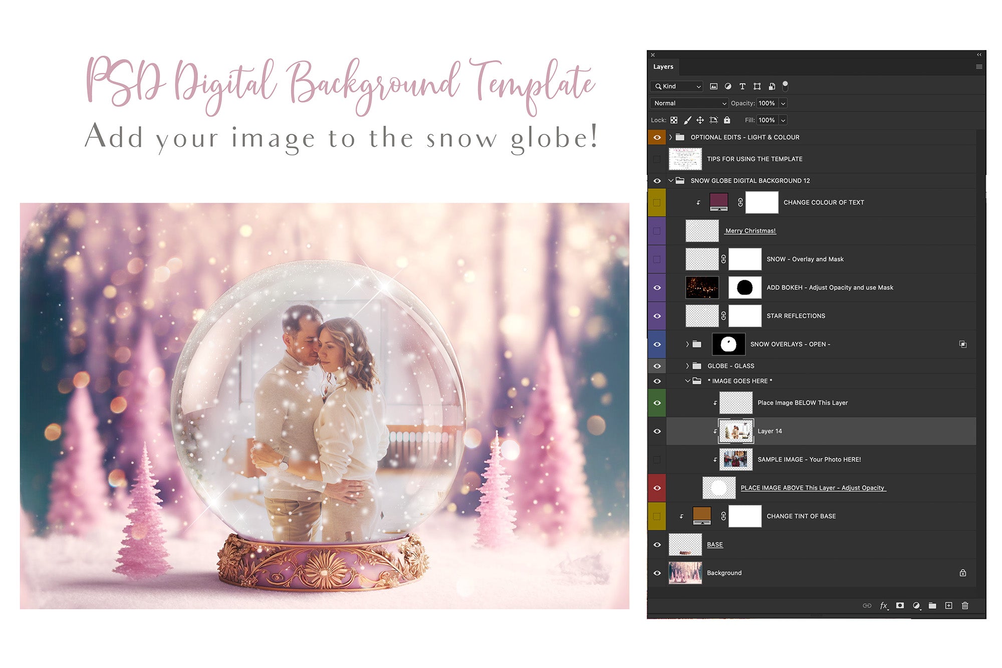 Digital background, Christmas Snow Globe Template for photoshop.  Includes jpeg background, png overlay background and snow overlays.  Video tutorial is also included in this PSD photoshop template. Perfect to add your own images. For Photography.