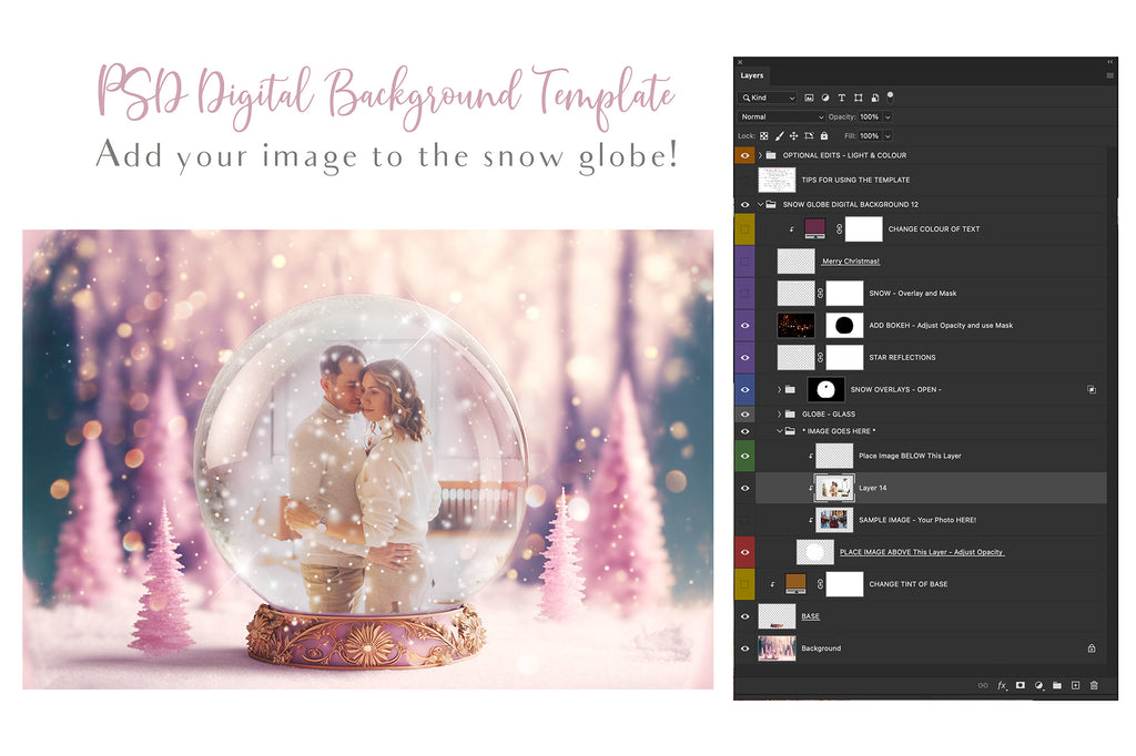 Digital background, Christmas Snow Globe Template for photoshop.  Includes jpeg background, png overlay background and snow overlays.  Video tutorial is also included in this PSD photoshop template. Perfect to add your own images. For Photography.