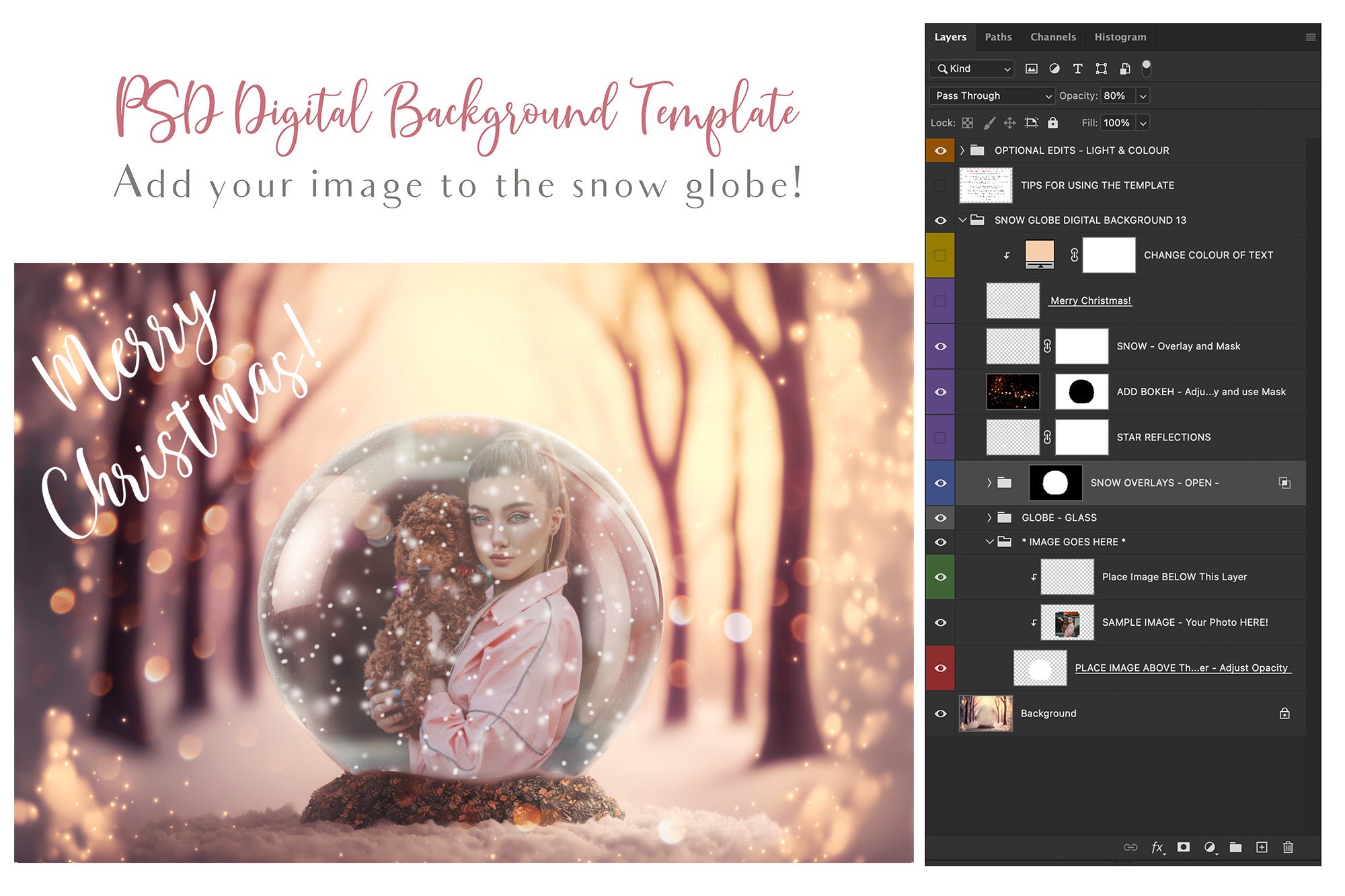 Digital background, Christmas Snow Globe Template for photoshop.  Includes jpeg background, png overlay background and snow overlays.  Video tutorial is also included in this PSD photoshop template. Perfect to add your own images. For Photography.