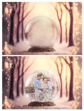 Load image into Gallery viewer, Digital background, Christmas Snow Globe Template for photoshop.  Includes jpeg background, png overlay background and snow overlays.  Video tutorial is also included in this PSD photoshop template. Perfect to add your own images. For Photography.
