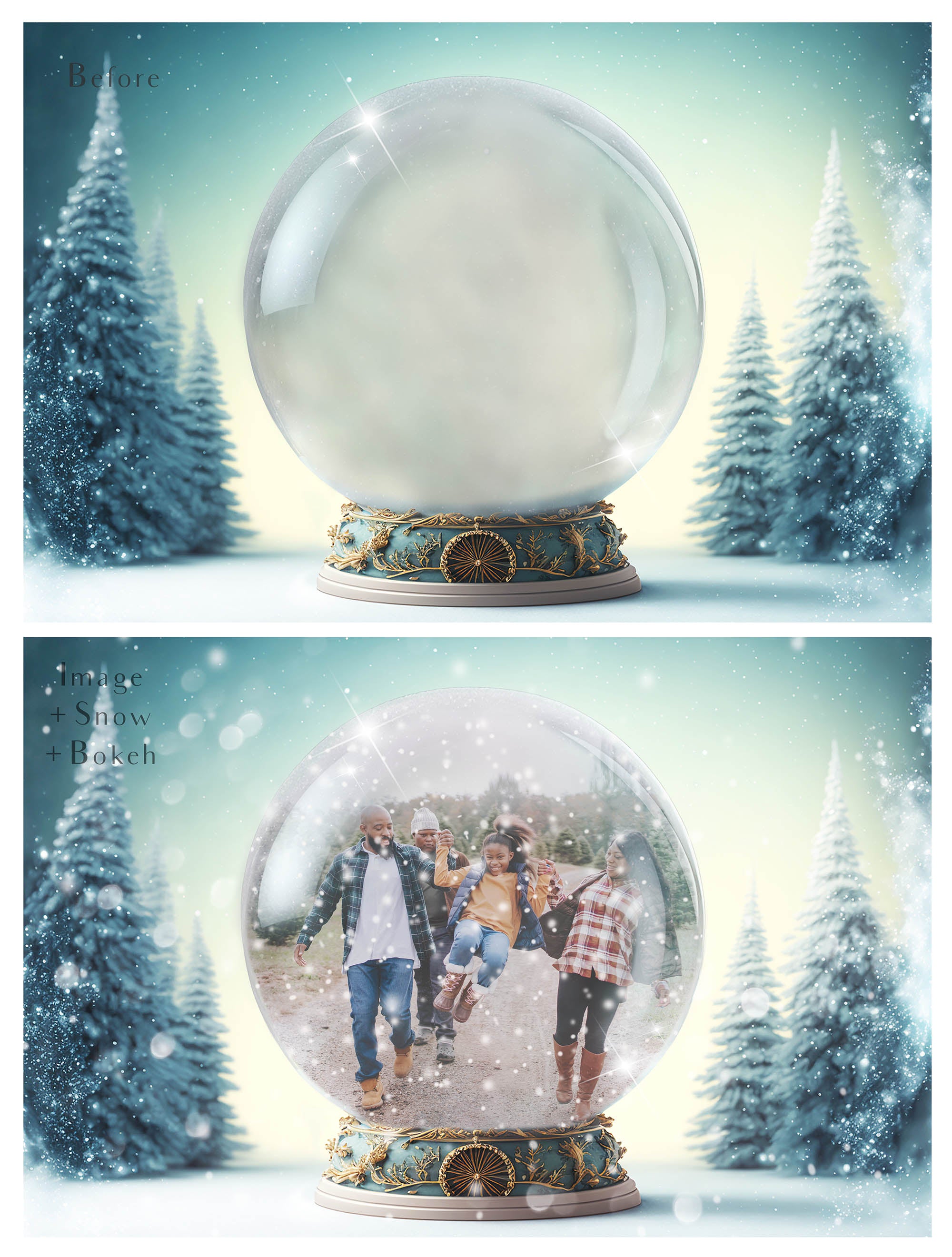 Digital background, Christmas Snow Globe Template for photoshop.  Includes jpeg background, png overlay background and snow overlays.  Video tutorial is also included in this PSD photoshop template. Perfect to add your own images. For Photography.