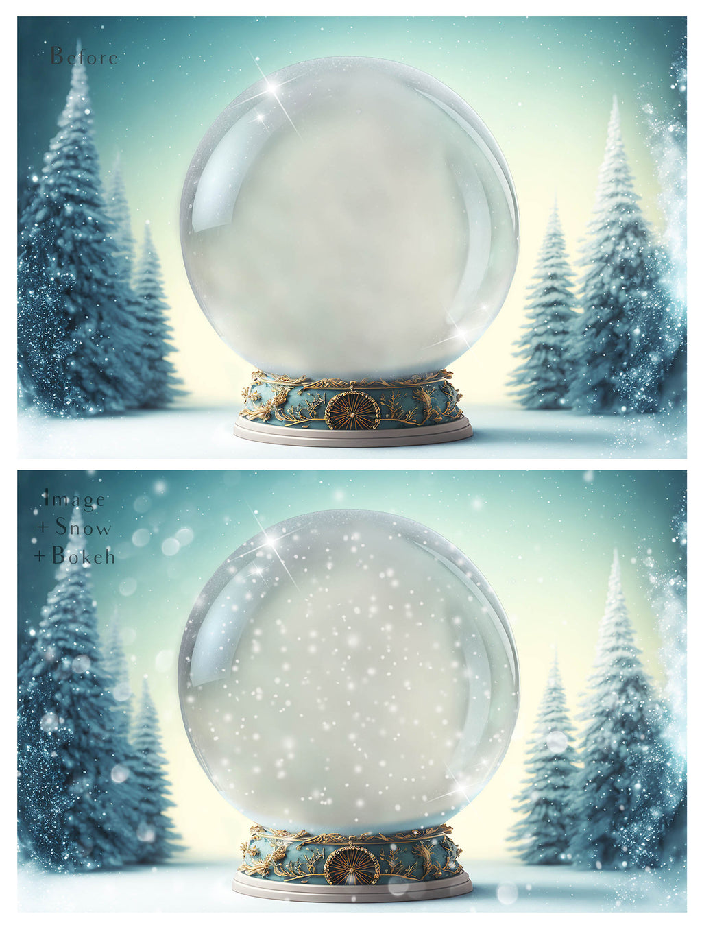 Digital background, Christmas Snow Globe Template for photoshop.  Includes jpeg background, png overlay background and snow overlays.  Video tutorial is also included in this PSD photoshop template. Perfect to add your own images. For Photography.