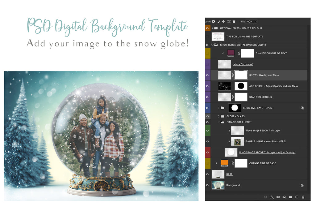 Digital background, Christmas Snow Globe Template for photoshop.  Includes jpeg background, png overlay background and snow overlays.  Video tutorial is also included in this PSD photoshop template. Perfect to add your own images. For Photography.