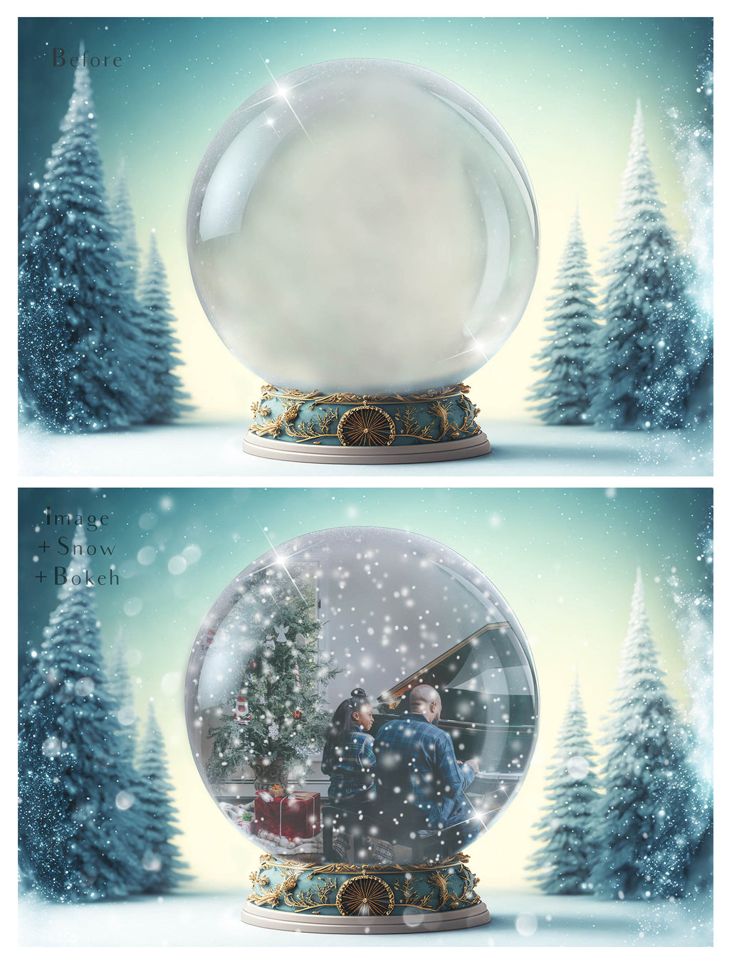 Digital background, Christmas Snow Globe Template for photoshop.  Includes jpeg background, png overlay background and snow overlays.  Video tutorial is also included in this PSD photoshop template. Perfect to add your own images. For Photography.