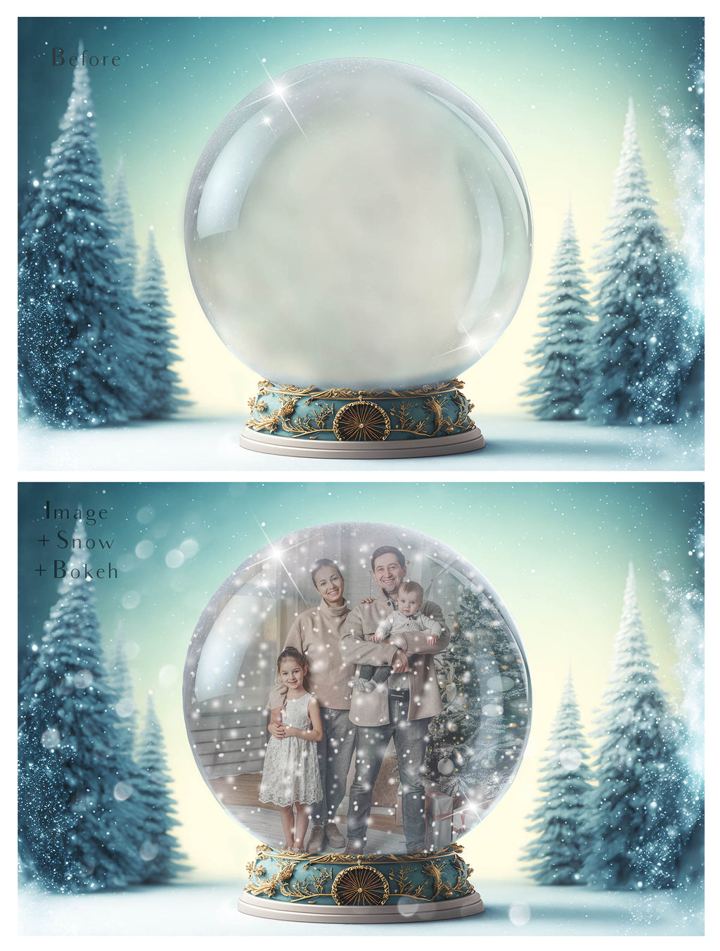 Digital background, Christmas Snow Globe Template for photoshop.  Includes jpeg background, png overlay background and snow overlays.  Video tutorial is also included in this PSD photoshop template. Perfect to add your own images. For Photography.