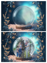 Load image into Gallery viewer, Digital background, Christmas Snow Globe Template for photoshop.  Includes jpeg background, png overlay background and snow overlays.  Video tutorial is also included in this PSD photoshop template. Perfect to add your own images. For Photography.
