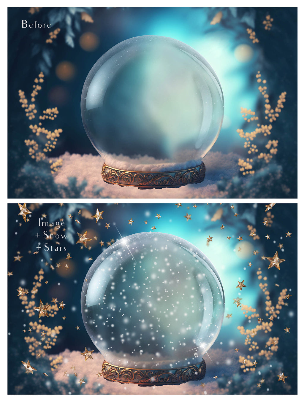 Digital background, Christmas Snow Globe Template for photoshop.  Includes jpeg background, png overlay background and snow overlays.  Video tutorial is also included in this PSD photoshop template. Perfect to add your own images. For Photography.