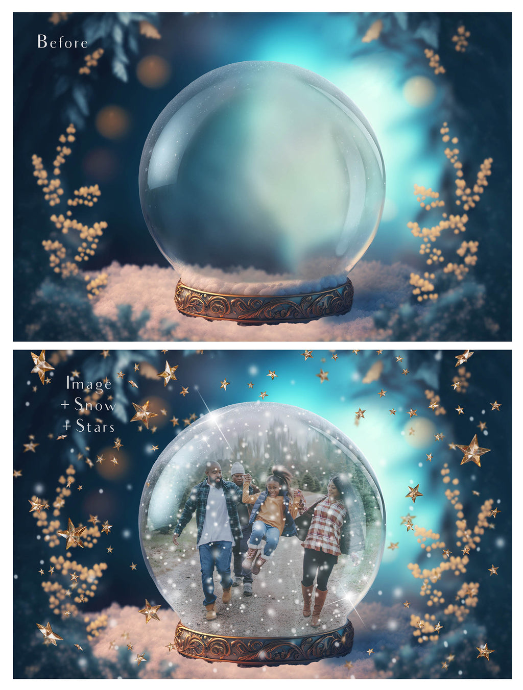 Digital background, Christmas Snow Globe Template for photoshop.  Includes jpeg background, png overlay background and snow overlays.  Video tutorial is also included in this PSD photoshop template. Perfect to add your own images. For Photography.