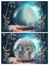 Load image into Gallery viewer, Digital background, Christmas Snow Globe Template for photoshop.  Includes jpeg background, png overlay background and snow overlays.  Video tutorial is also included in this PSD photoshop template. Perfect to add your own images. For Photography.
